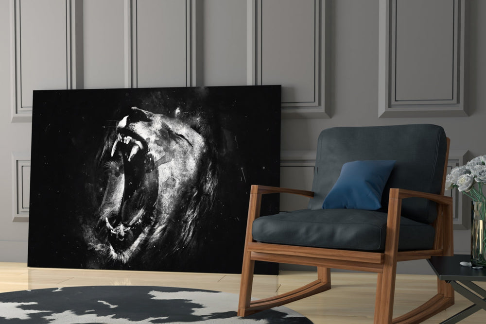 Lion glass print enhancing a study with cinematic mood