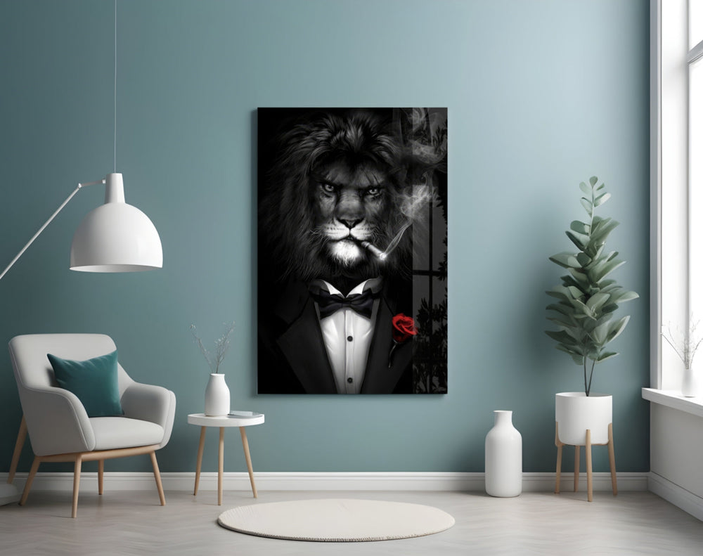 Lion as a Gentleman glass wall art styled above a desk in an office