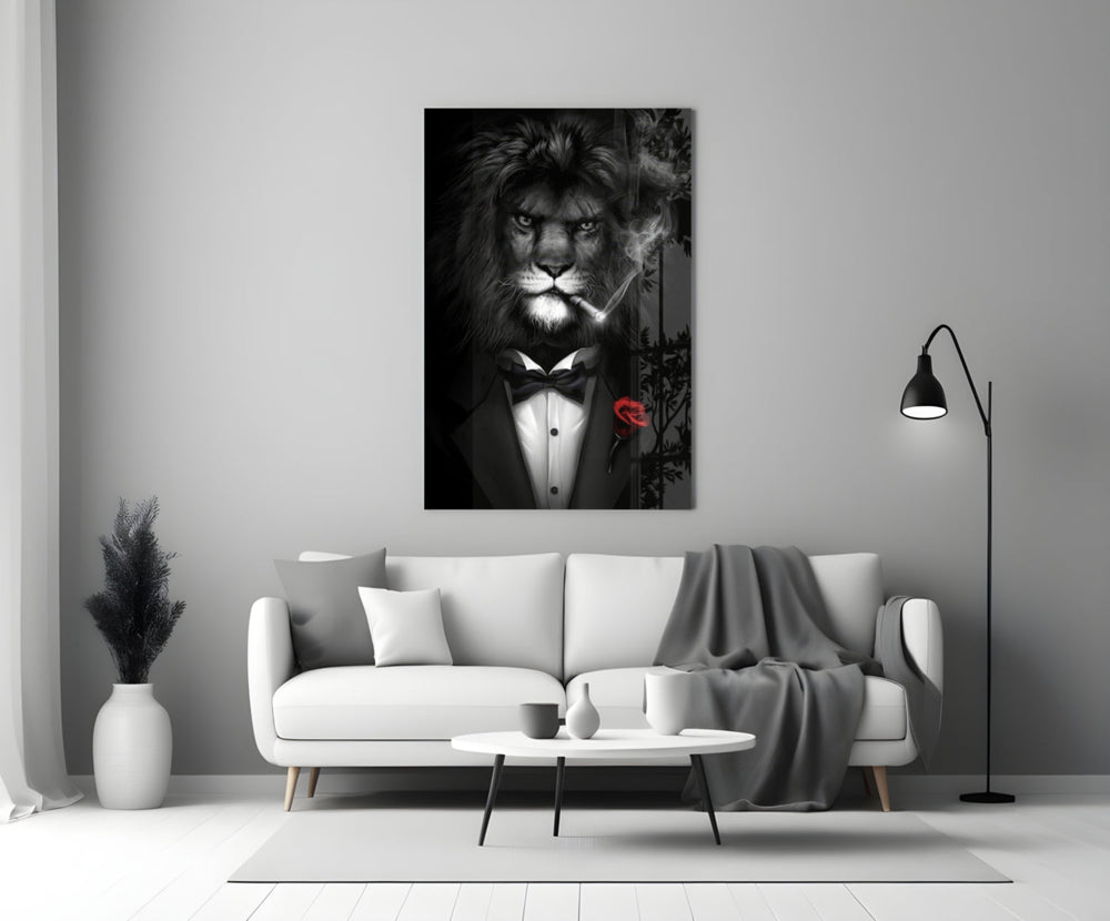 Lion as a Gentleman close-up showing tuxedoed lion smoking cigar with crimson rose