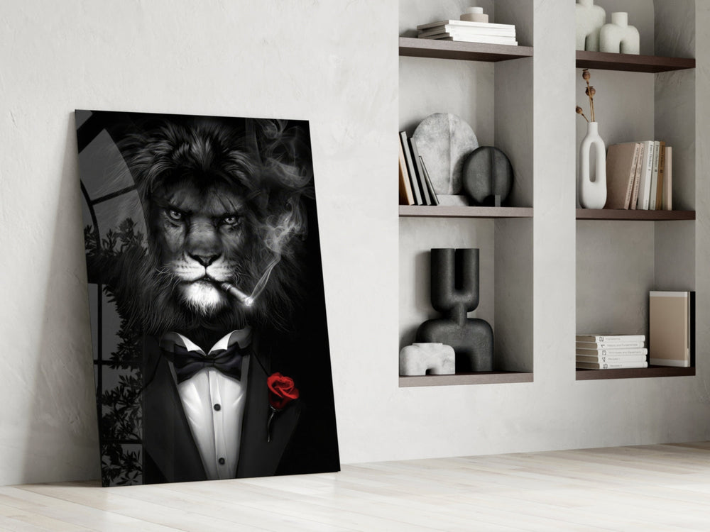 Lion as a Gentleman glass print enhancing a study with cinematic warmth