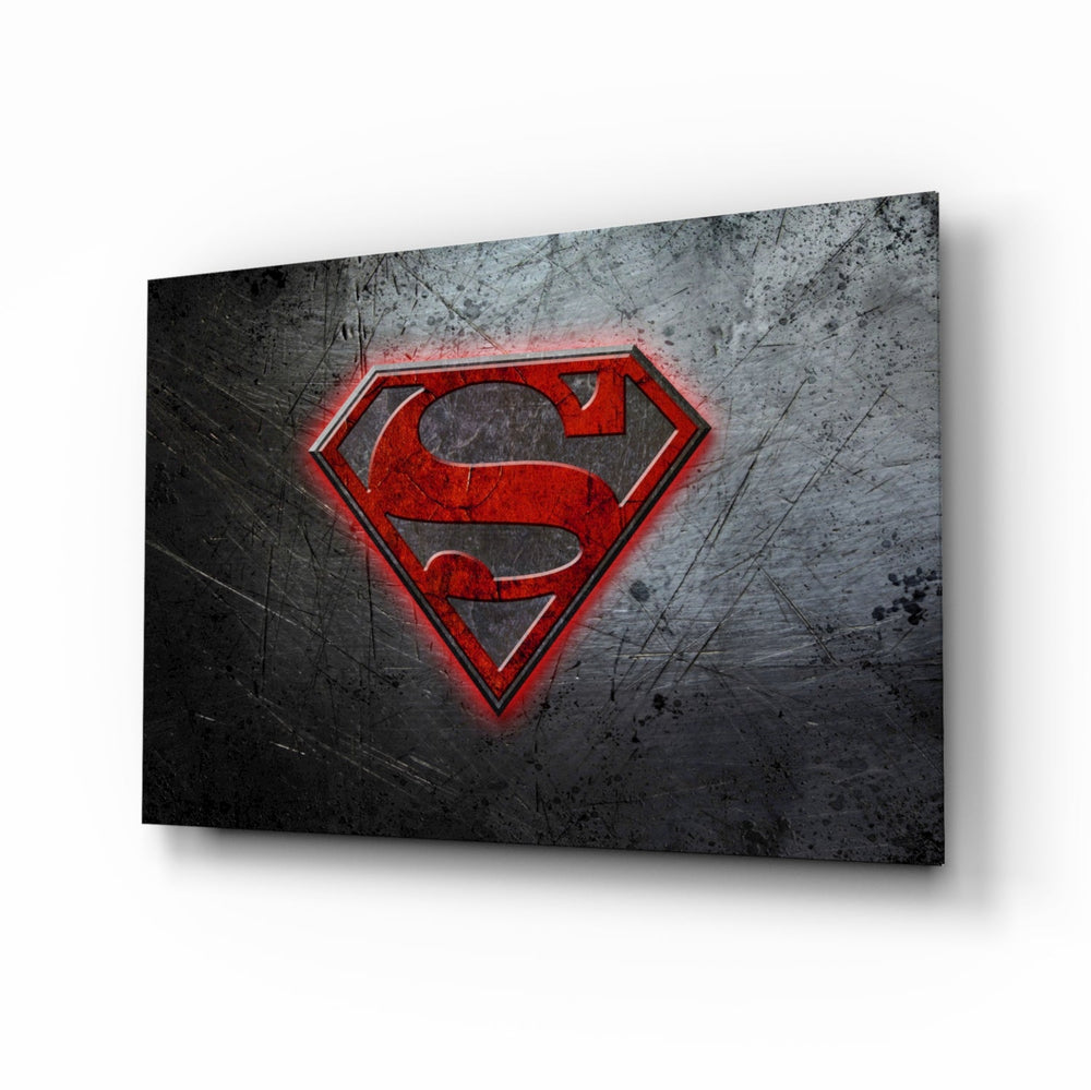 Superman glass wall art displayed above a desk in a kids room with bunk beds and brass picture light