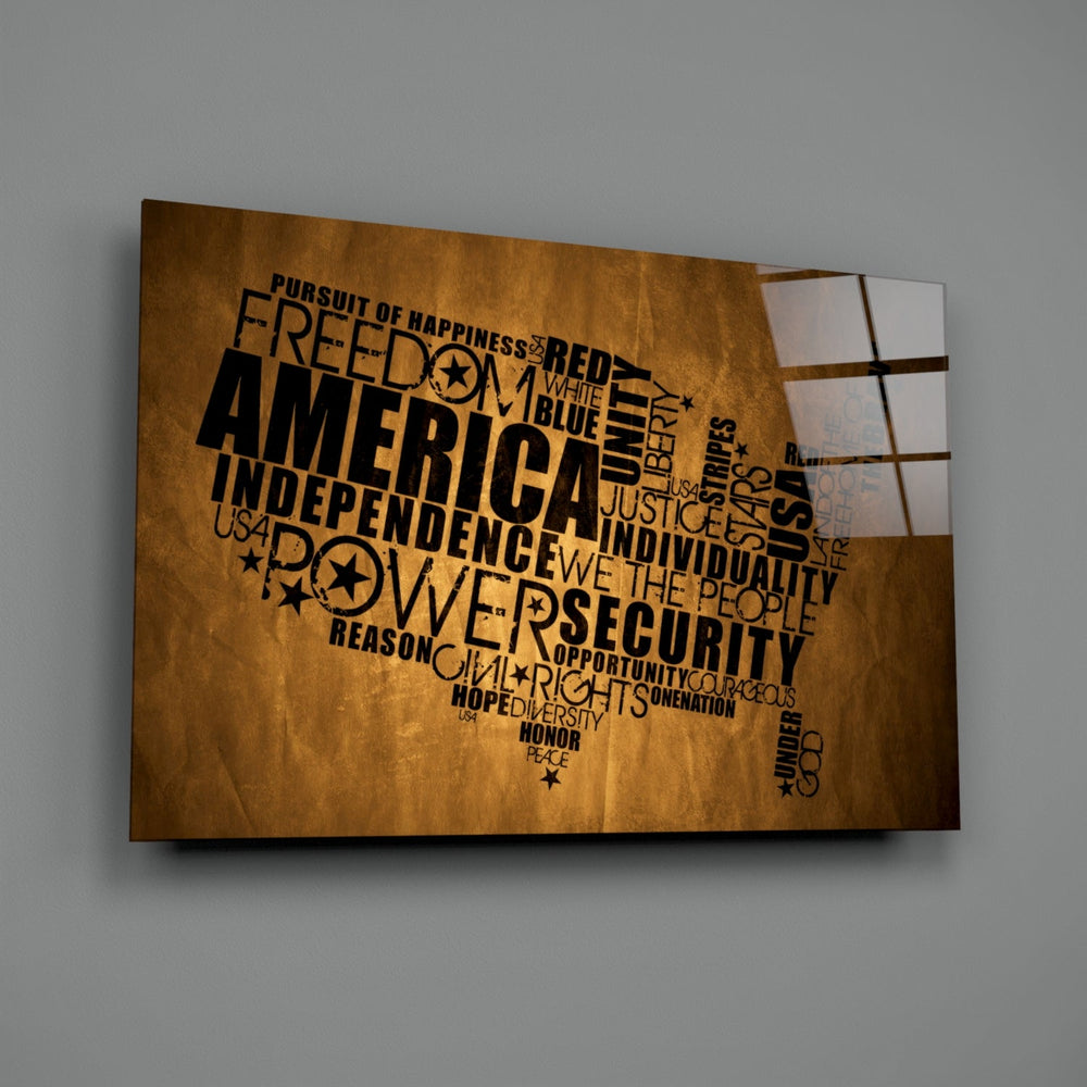Patriotic-typography panel bringing patriotic warmth to a contemporary lounge