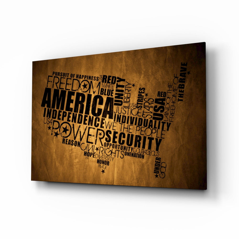 USA Map glass wall art displayed above a leather chesterfield in an Americana lounge with reclaimed-wood console and brass picture light