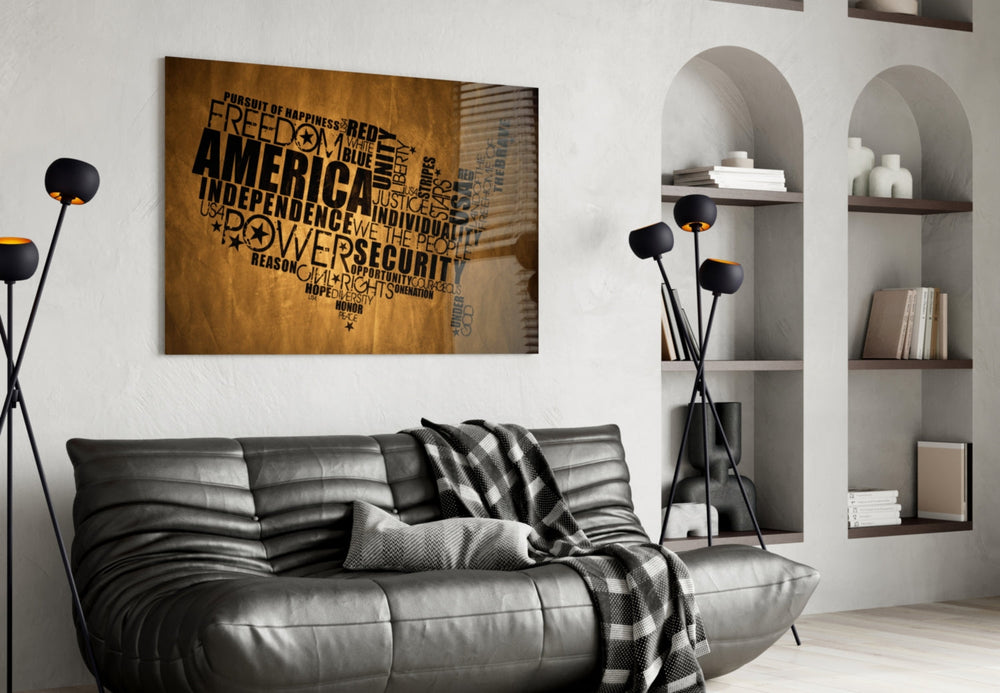 USA Map glass wall art styled above a desk in an office
