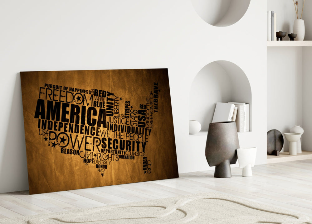 USA Map close-up showing country shape formed from stencil words on amber leather