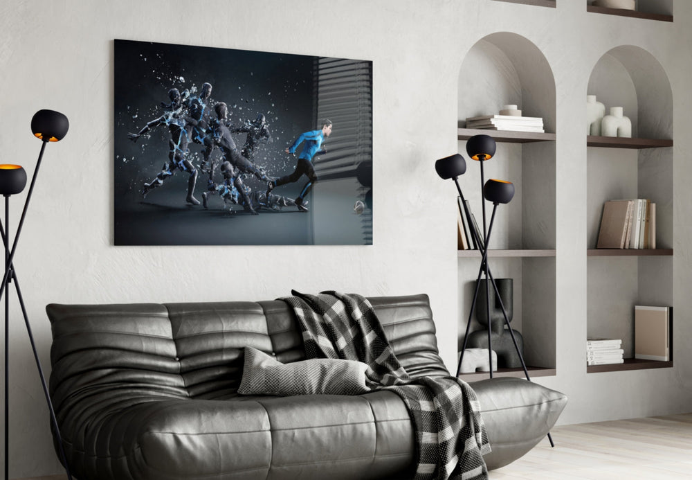 Christiano Ronaldo glass wall art styled above a desk in a teen lounge