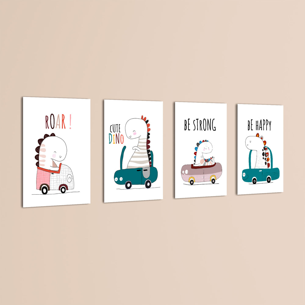 Cute Dinos in Cars 4 Pieces Kids Metal Wall Art.