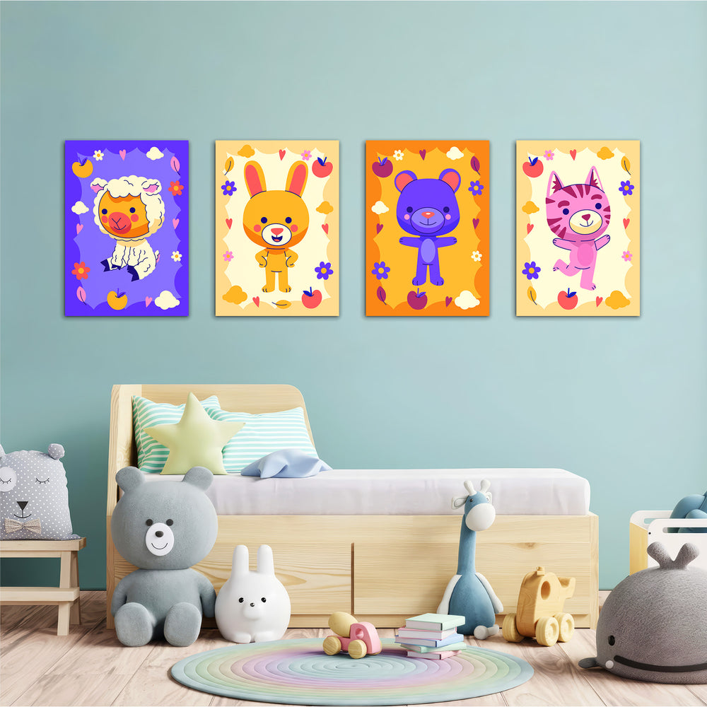 Colorful Cute Animals 4 Pieces Kids Metal Wall Art.