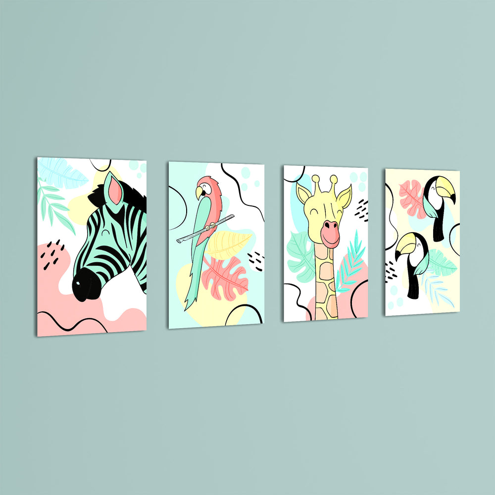 Pastel Safari Animals 4 Pieces Kids Metal Wall Art.