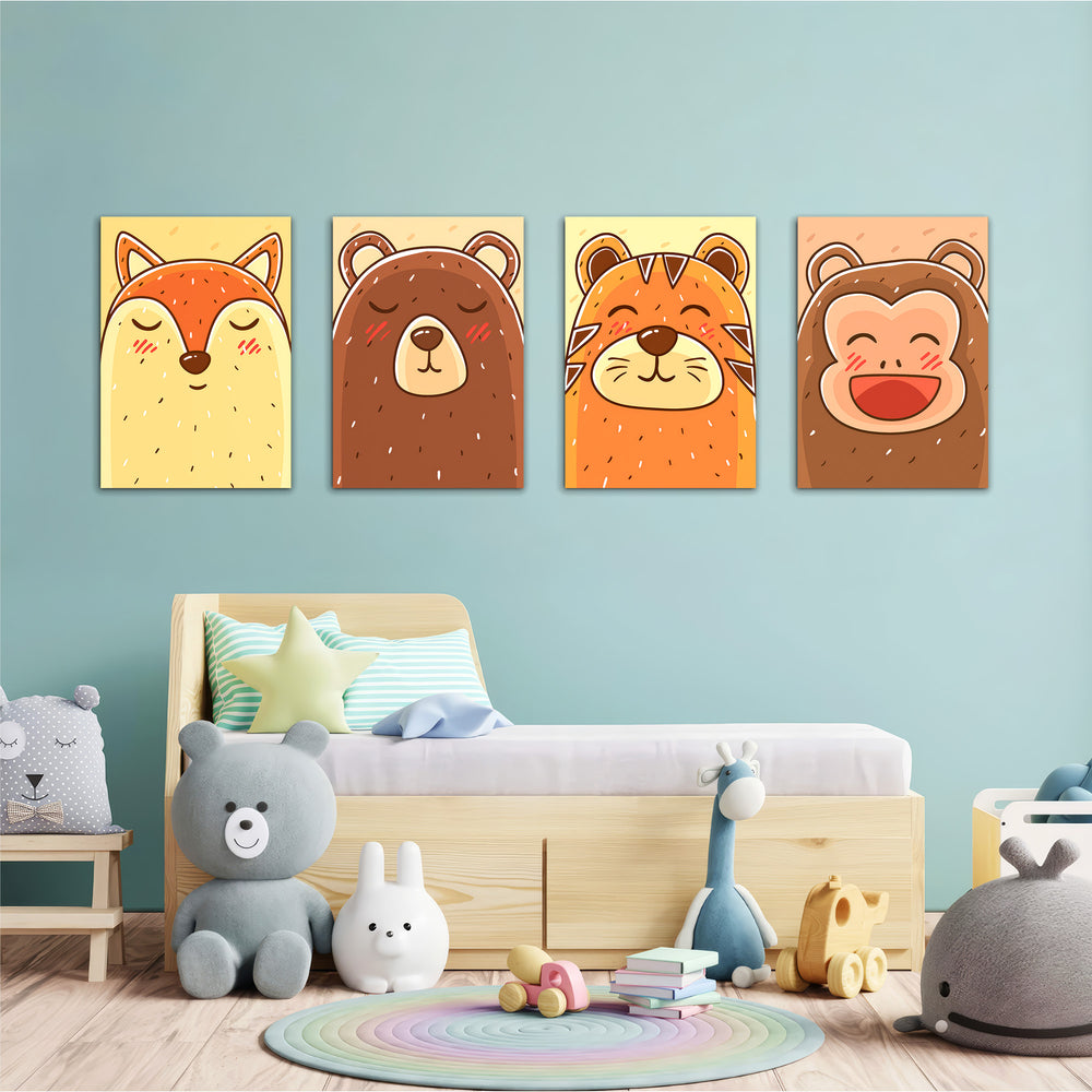 Blushing Animal Faces 4 Pieces Kids Metal Wall Art.