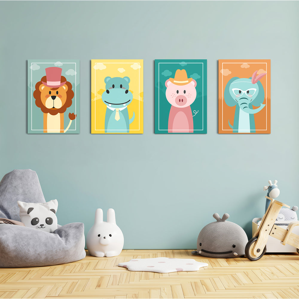 Dapper Animals 4 Pieces Kids Metal Wall Art.