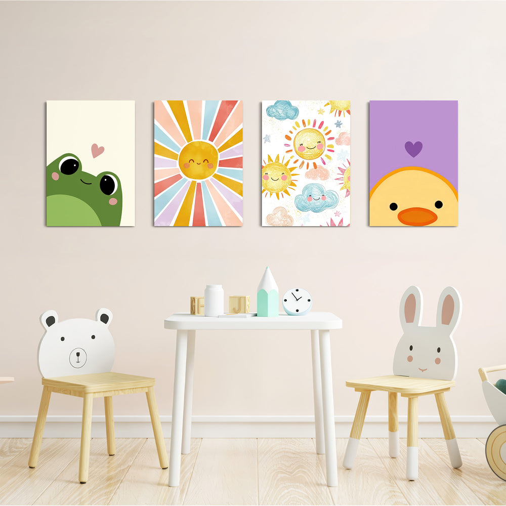 Cute Frog Sunshine Duck 4 Pieces Kids Metal Wall Art.
