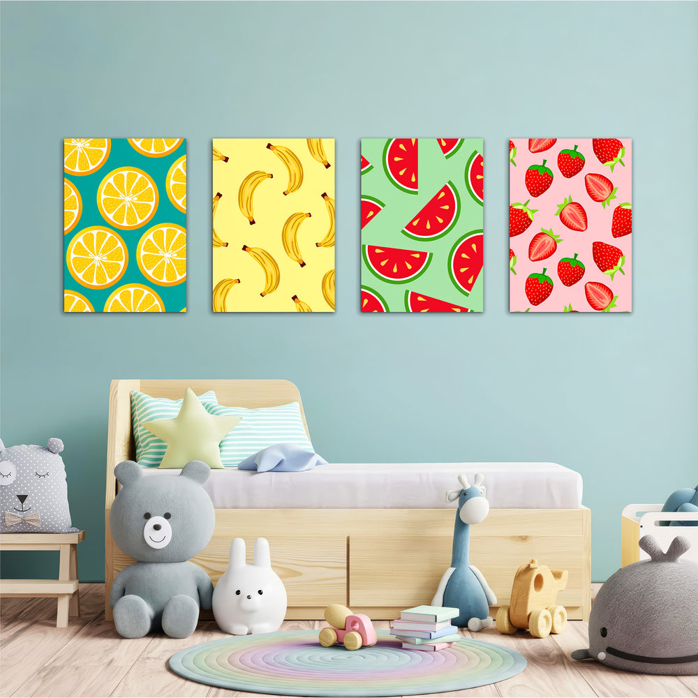 Colorful Fruits Pattern 4 Pieces Kids Metal Wall Art.