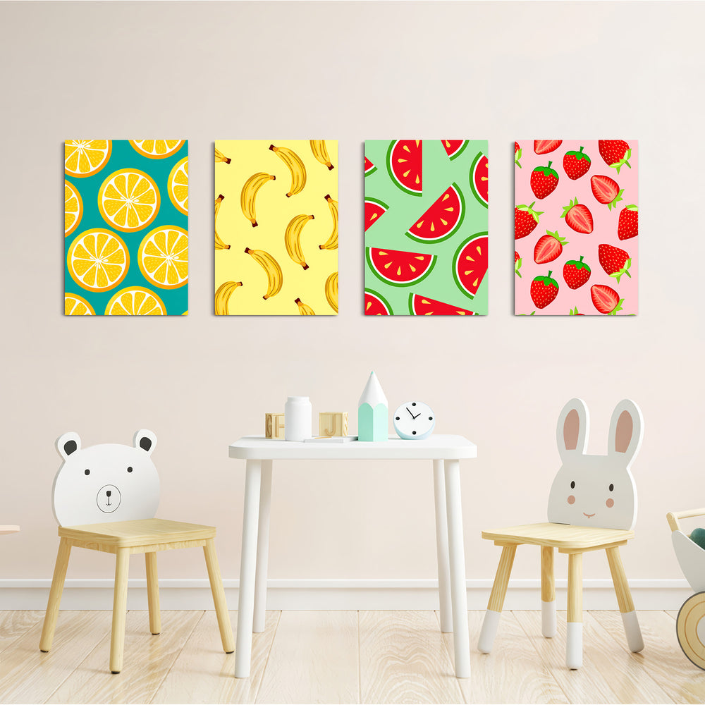 Colorful Fruits Pattern 4 Pieces Kids Metal Wall Art.