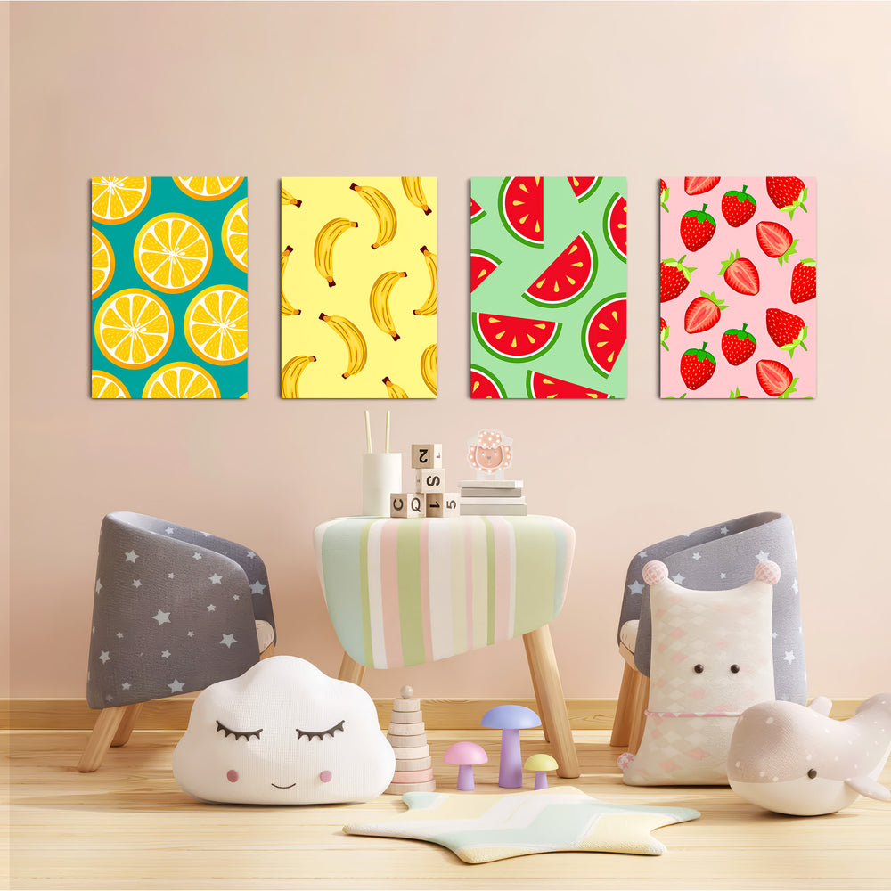 Colorful Fruits Pattern 4 Pieces Kids Metal Wall Art.