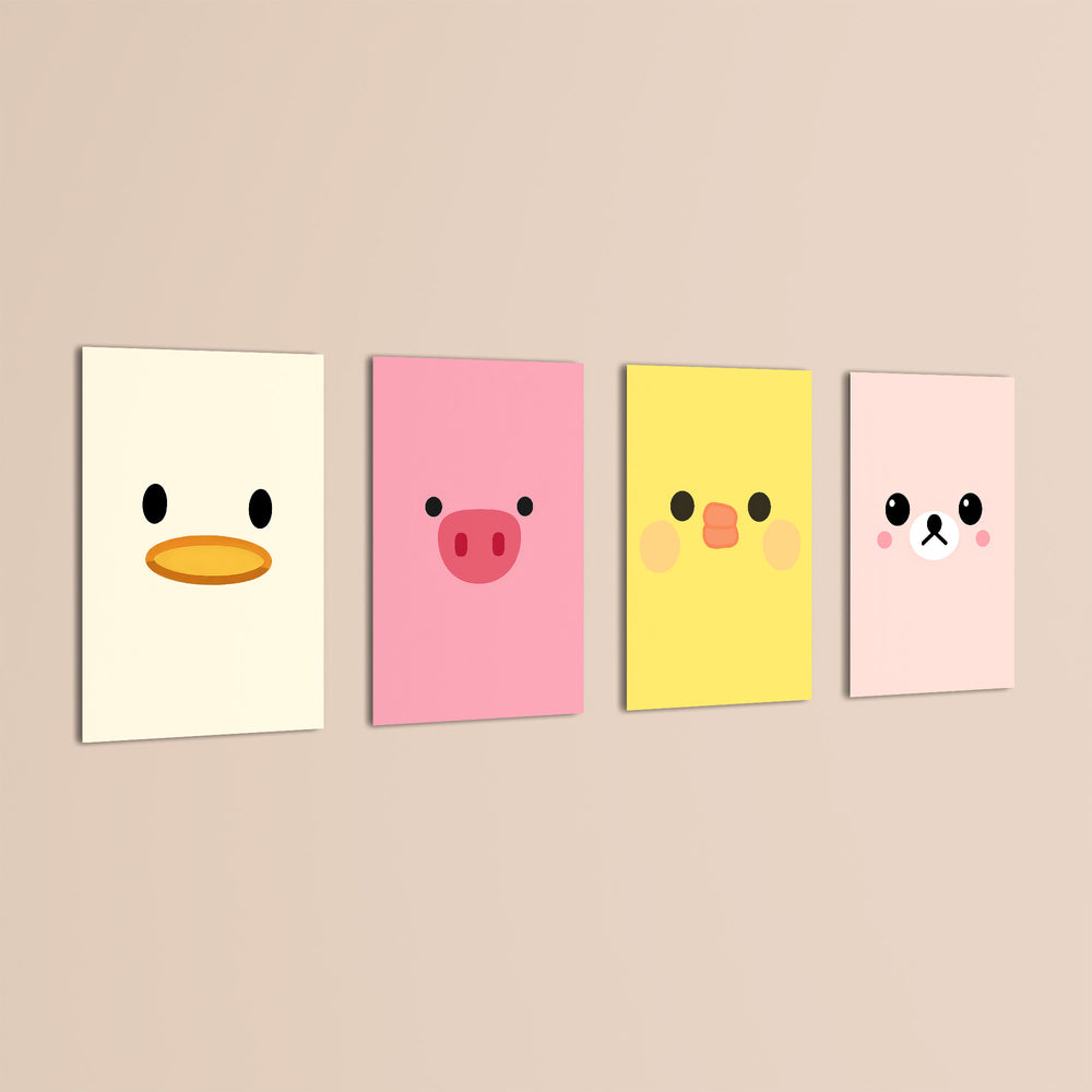 Cute Animal Faces 4 Pieces Kids Metal Wall Art.