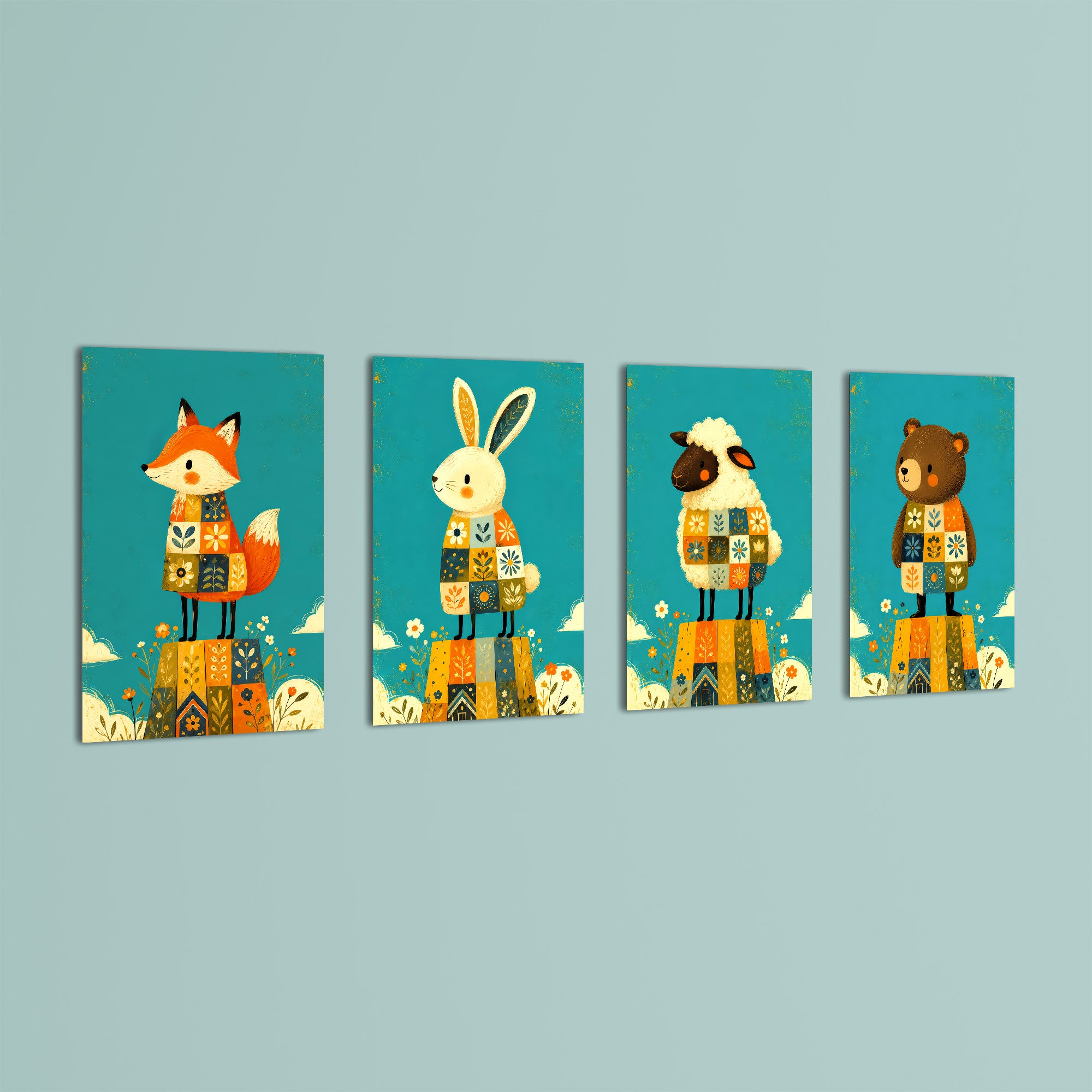 Folk Animals in Sweaters 4 Pieces Kids Metal Wall Art.