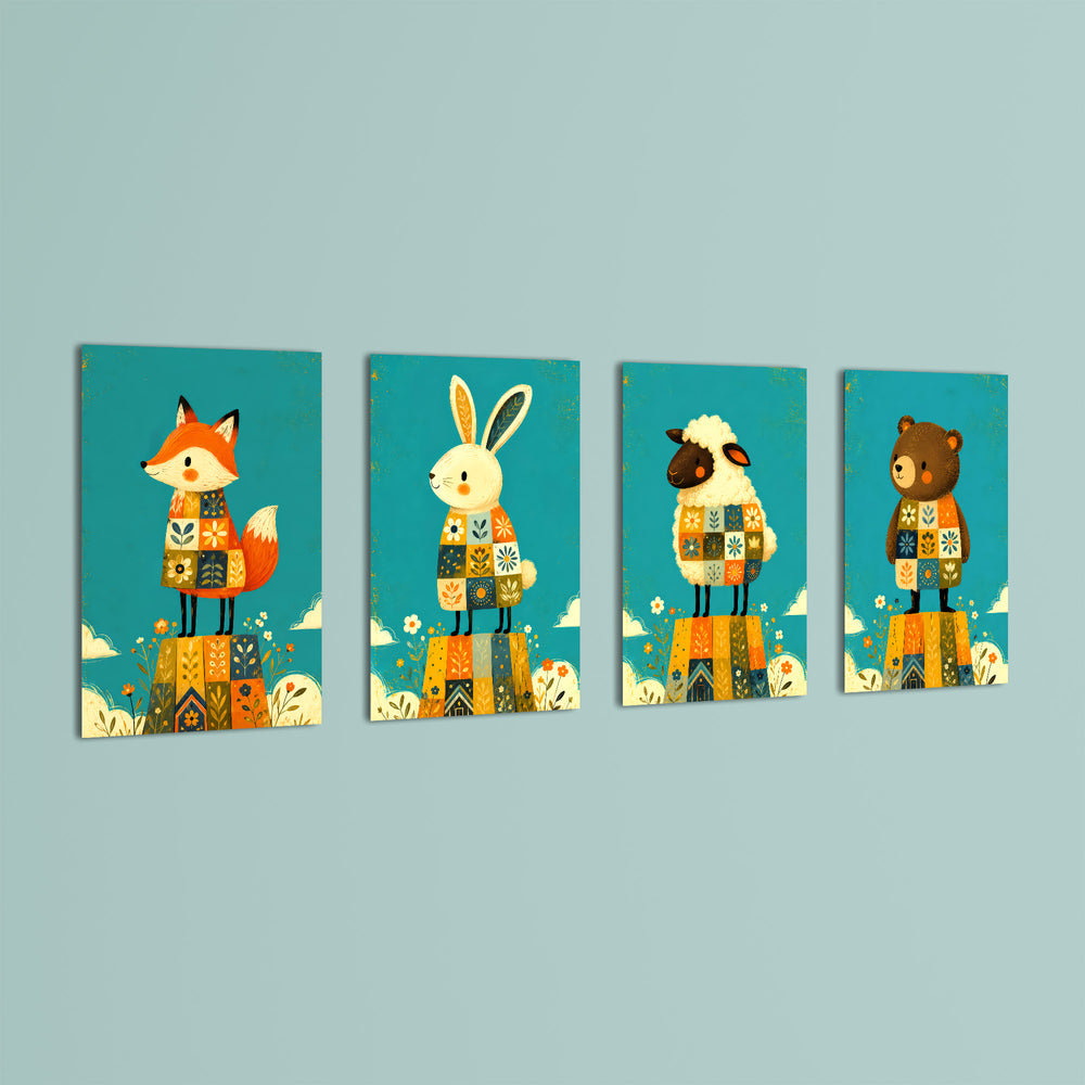 Folk Animals in Sweaters 4 Pieces Kids Metal Wall Art.