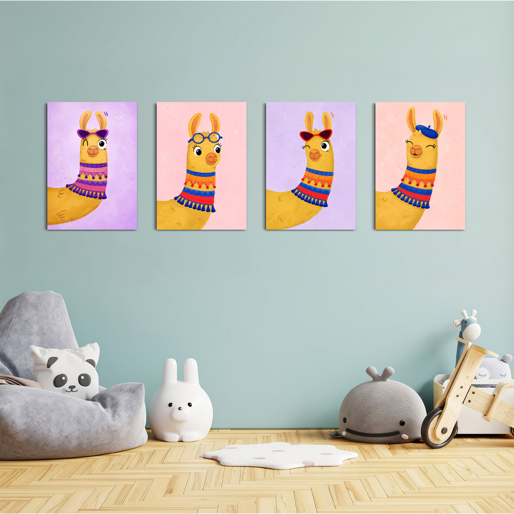 Cute Llamas with Accessories 4 Pieces Kids Metal Wall Art.
