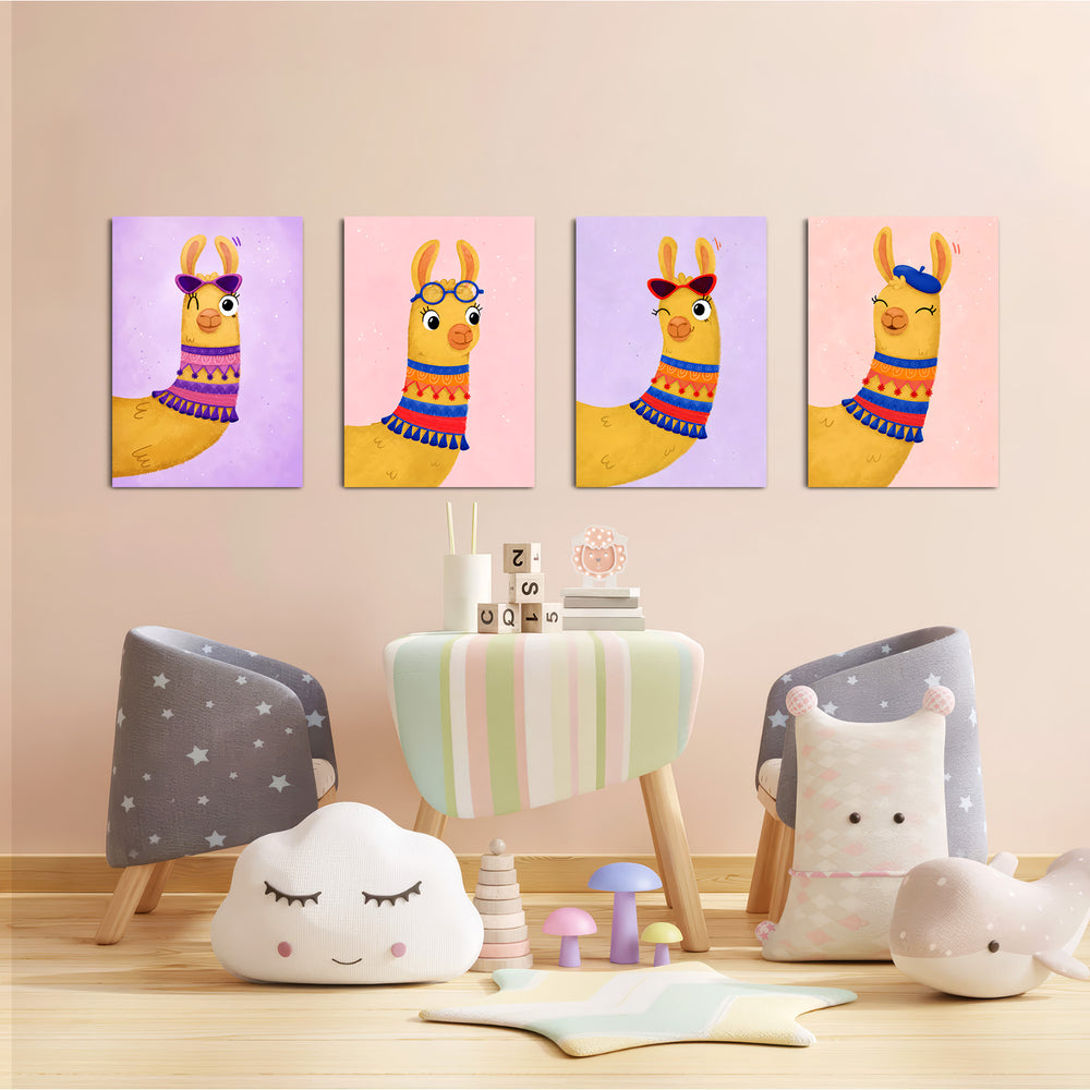 Cute Llamas with Accessories 4 Pieces Kids Metal Wall Art.