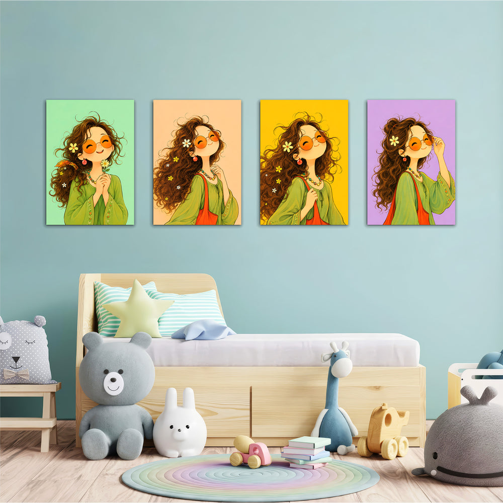 Boho Flower Girl 4 Pieces Kids Metal Wall Art.