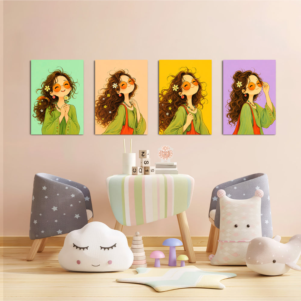 Boho Flower Girl 4 Pieces Kids Metal Wall Art.