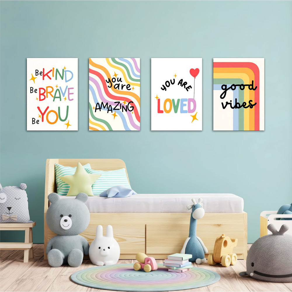 Be Kind Be Brave Good Vibes 4 Pieces Kids Metal Wall Art.