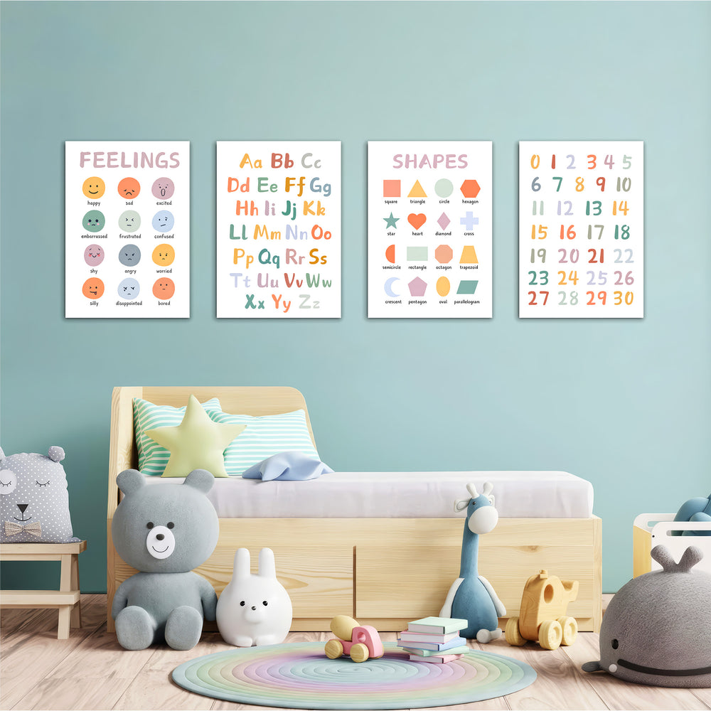 Feelings Alphabet Shapes Numbers 4 Pieces Kids Metal Wall Art.