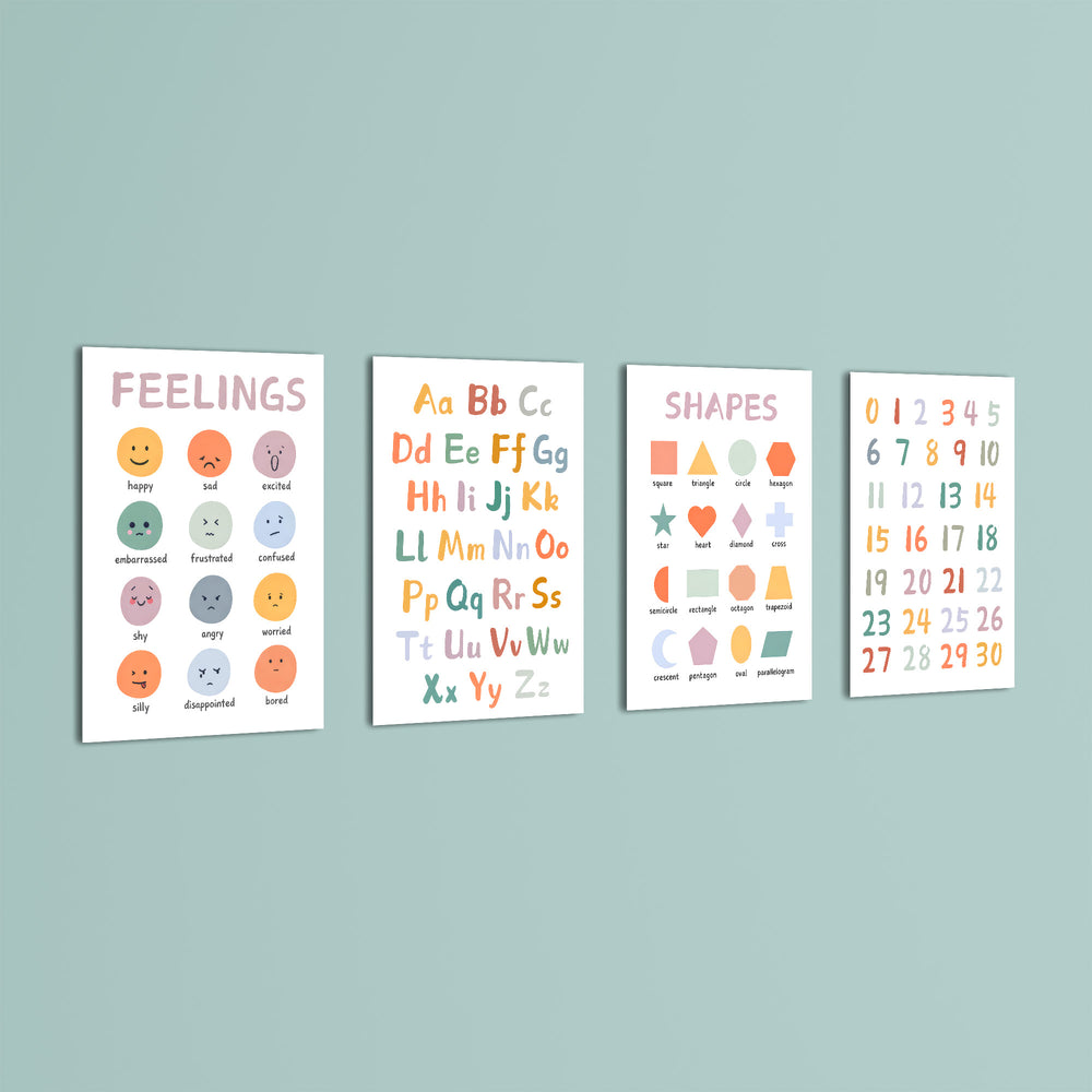 Feelings Alphabet Shapes Numbers 4 Pieces Kids Metal Wall Art.