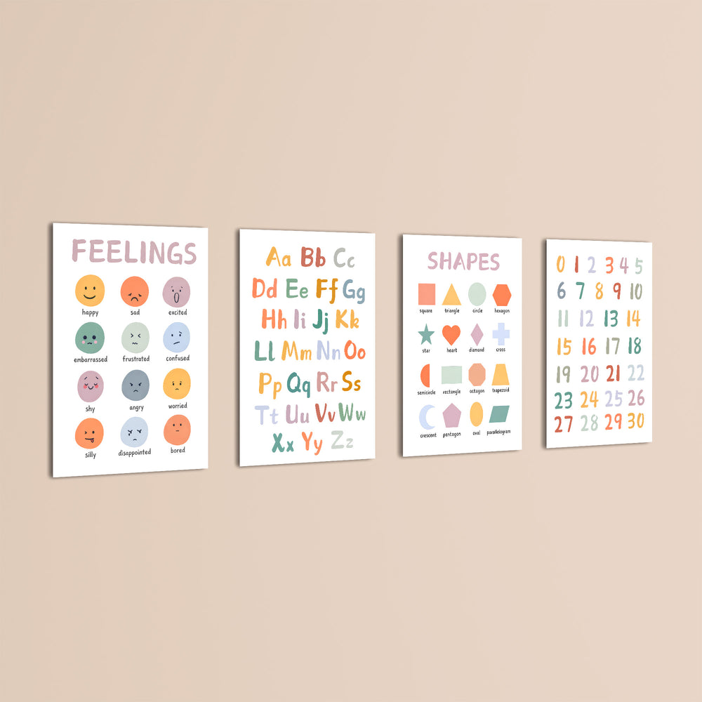 Feelings Alphabet Shapes Numbers 4 Pieces Kids Metal Wall Art.
