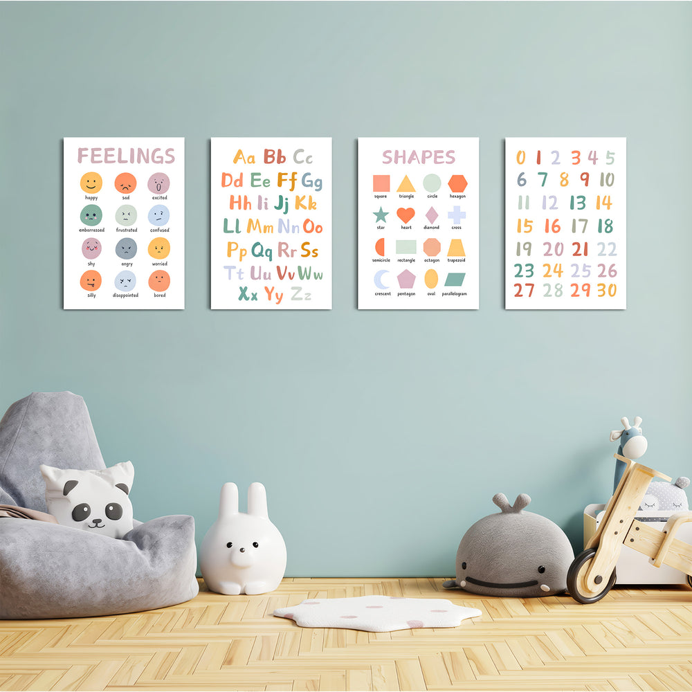 Feelings Alphabet Shapes Numbers 4 Pieces Kids Metal Wall Art.