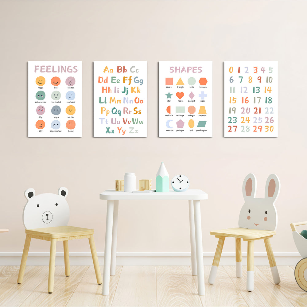 Feelings Alphabet Shapes Numbers 4 Pieces Kids Metal Wall Art.