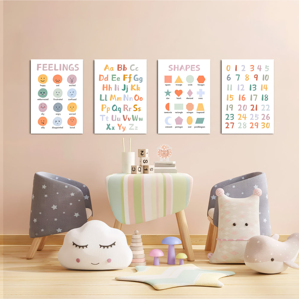 Feelings Alphabet Shapes Numbers 4 Pieces Kids Metal Wall Art.