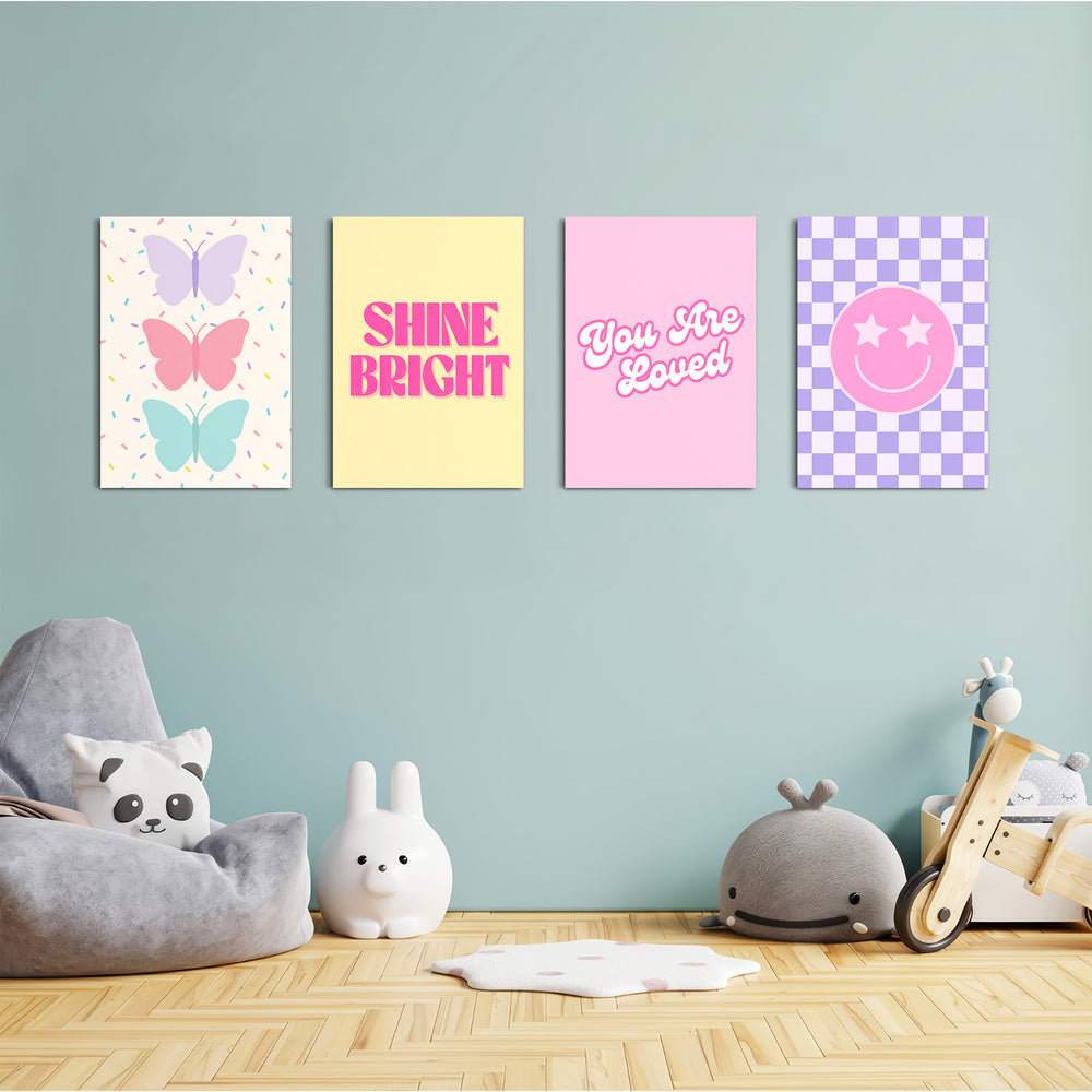 Pastel Preppy Shine Bright 4 Pieces Kids Metal Wall Art.