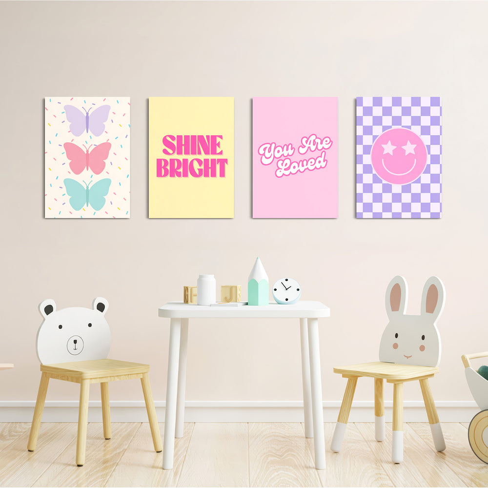 Pastel Preppy Shine Bright 4 Pieces Kids Metal Wall Art.