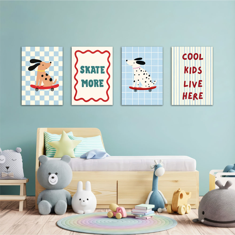 Skater Dogs Cool Kids 4 Pieces Kids Metal Wall Art.