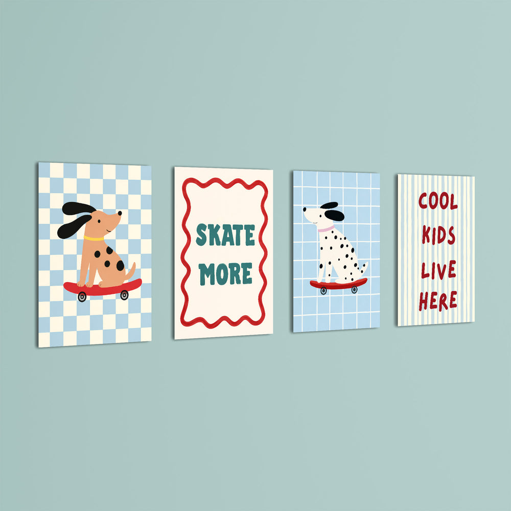 Skater Dogs Cool Kids 4 Pieces Kids Metal Wall Art.