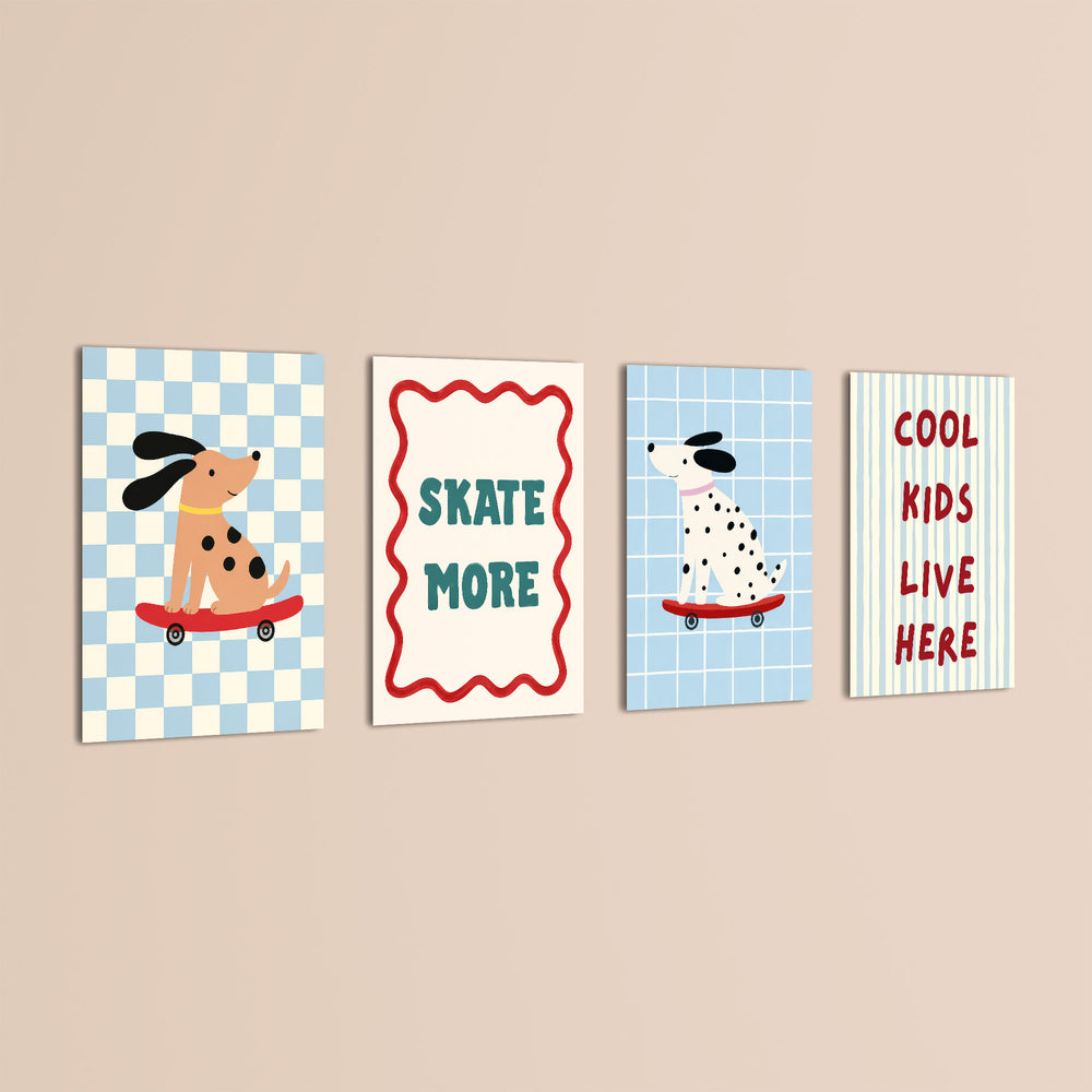 Skater Dogs Cool Kids 4 Pieces Kids Metal Wall Art.