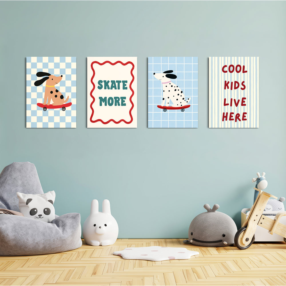 Skater Dogs Cool Kids 4 Pieces Kids Metal Wall Art.