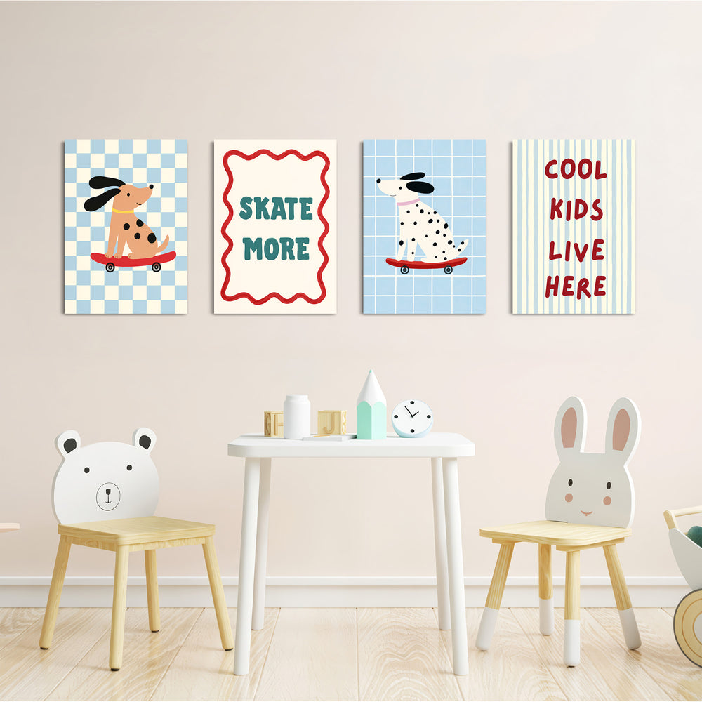 Skater Dogs Cool Kids 4 Pieces Kids Metal Wall Art.