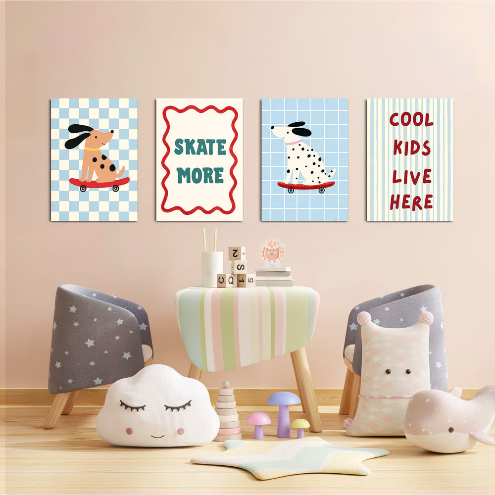 Skater Dogs Cool Kids 4 Pieces Kids Metal Wall Art.
