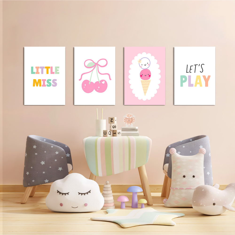 Little Miss Cherry Sweet 4 Pieces Kids Metal Wall Art.
