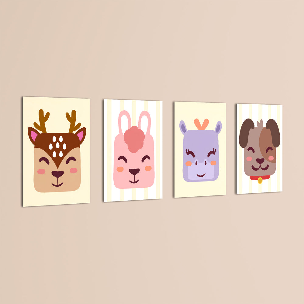 Cute Animal Faces 4 Pieces Kids Metal Wall Art.