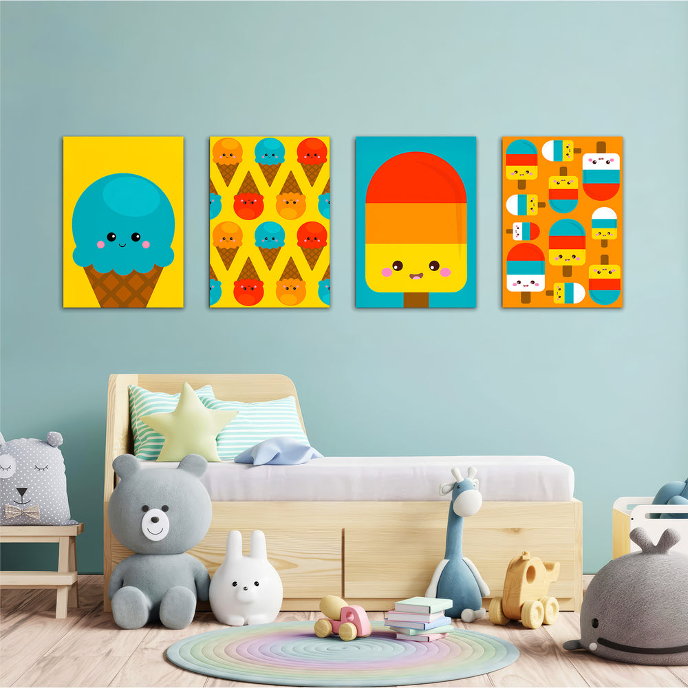 Kawaii Ice Cream Treats 4 Pieces Kids Metal Wall Art.