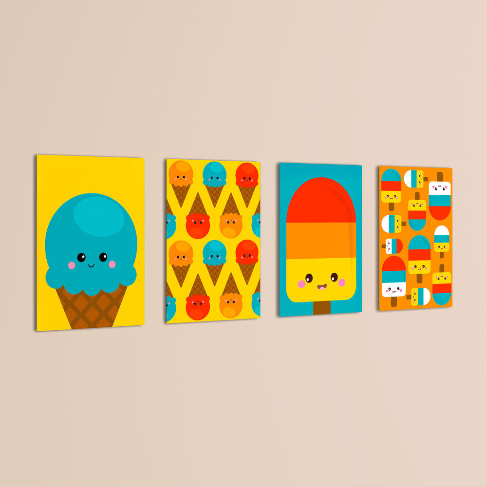 Kawaii Ice Cream Treats 4 Pieces Kids Metal Wall Art.