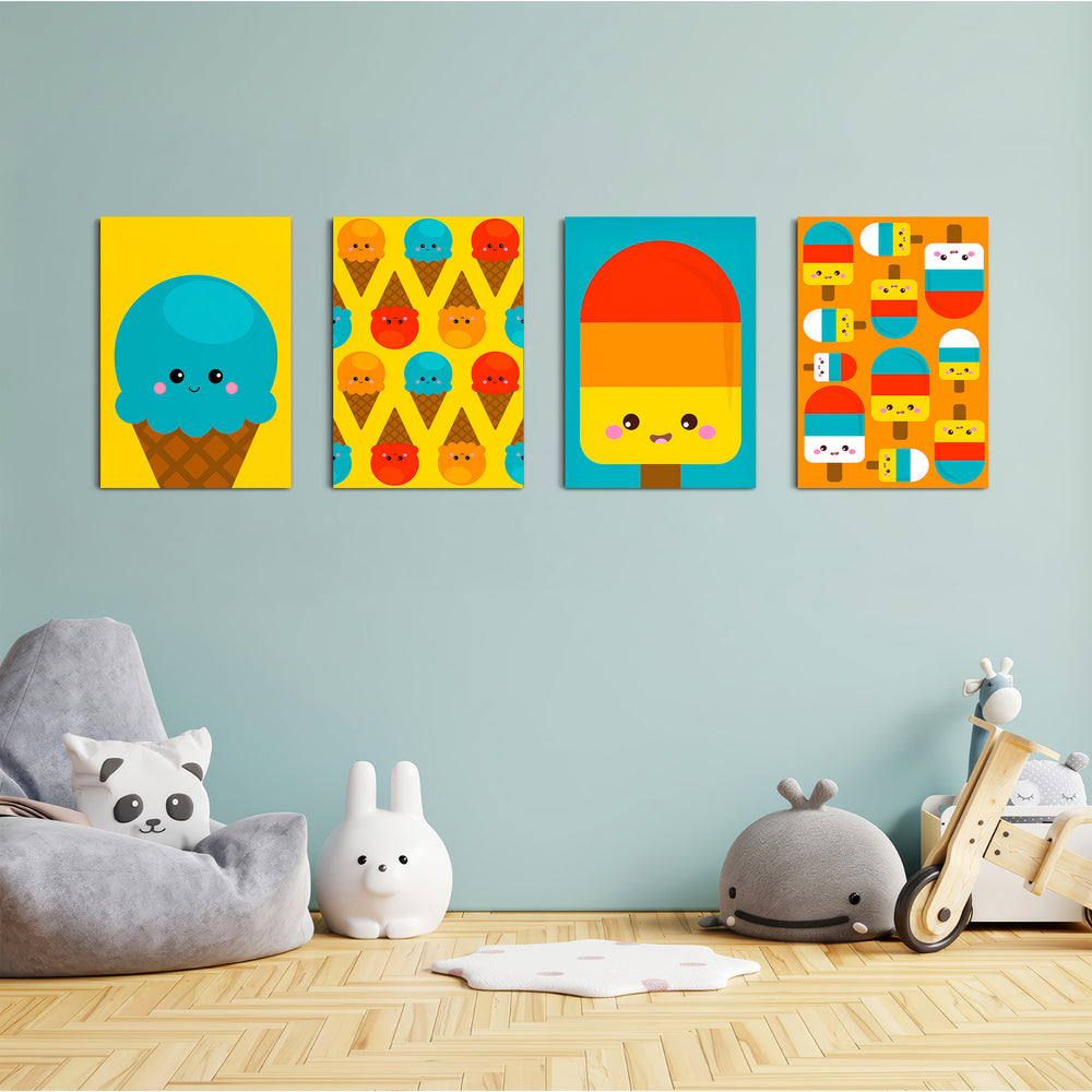 Kawaii Ice Cream Treats 4 Pieces Kids Metal Wall Art.