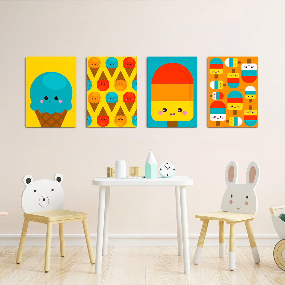 Kawaii Ice Cream Treats 4 Pieces Kids Metal Wall Art.