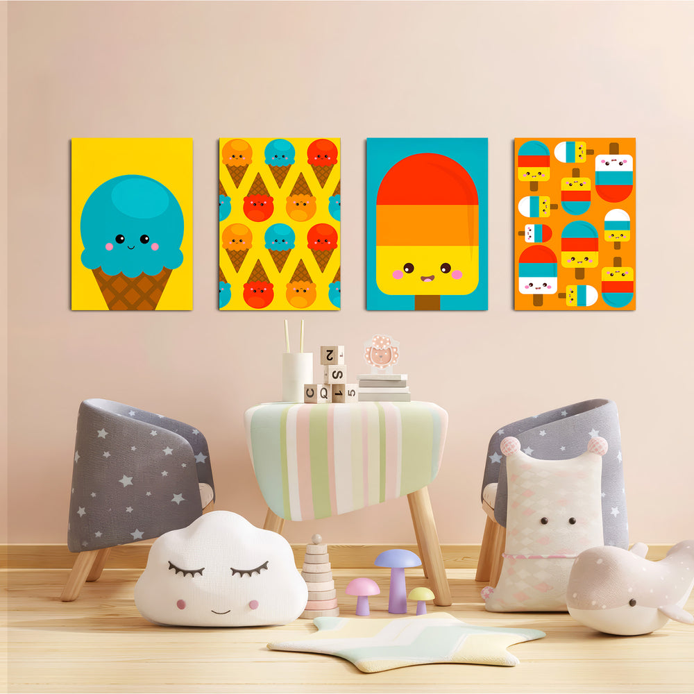 Kawaii Ice Cream Treats 4 Pieces Kids Metal Wall Art.