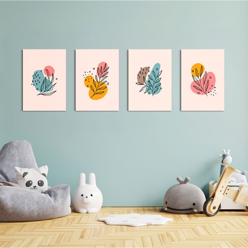Pastel Botanical Line Art 4 Pieces Kids Metal Wall Art.