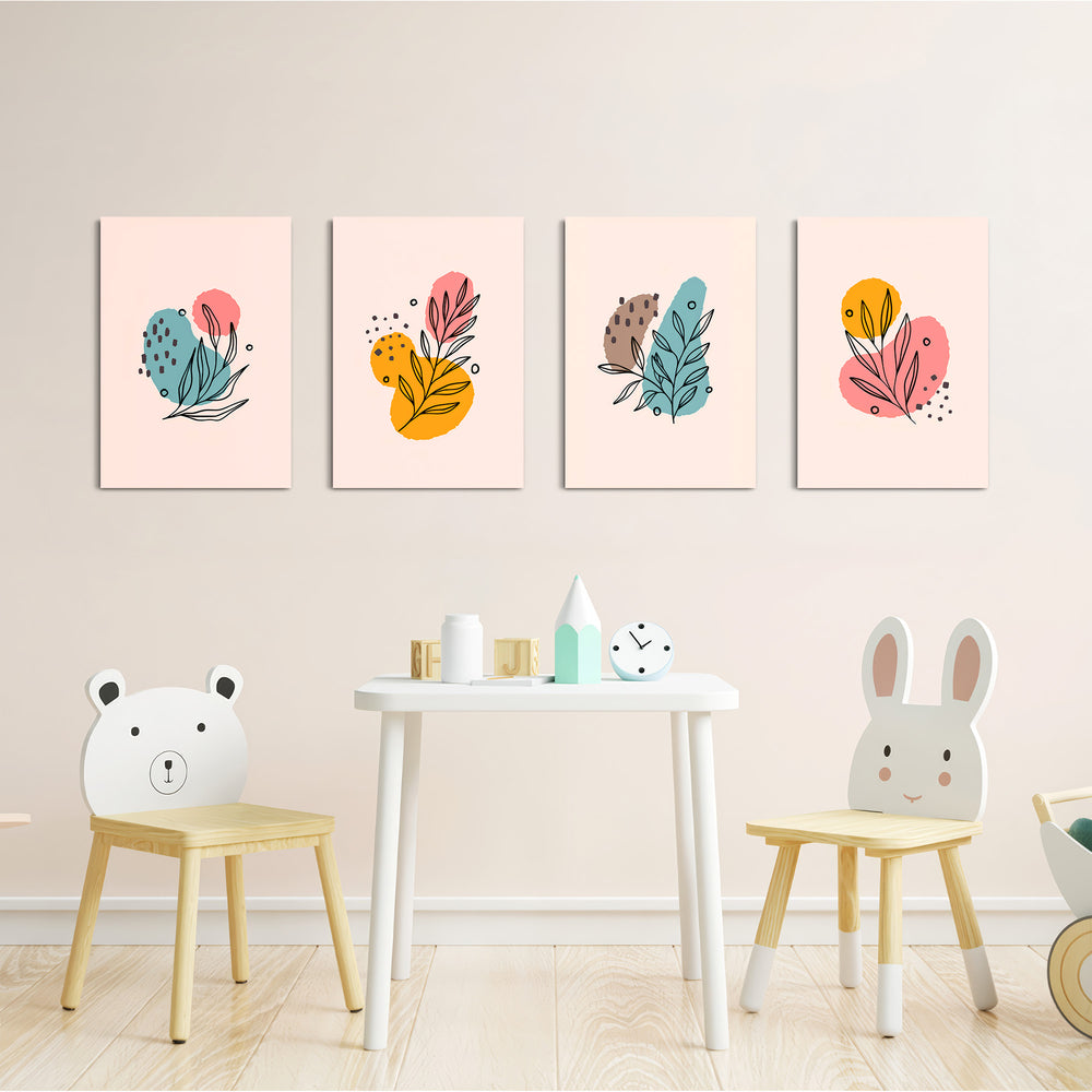 Pastel Botanical Line Art 4 Pieces Kids Metal Wall Art.